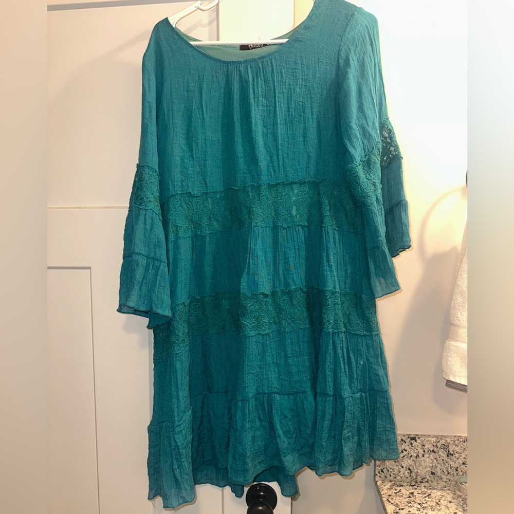 Teal Lace-Trim Tiered Women's Dress